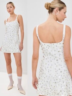 SIMKHAI Ziva Crystal Embellished Crepe Mini Dress Ivory White